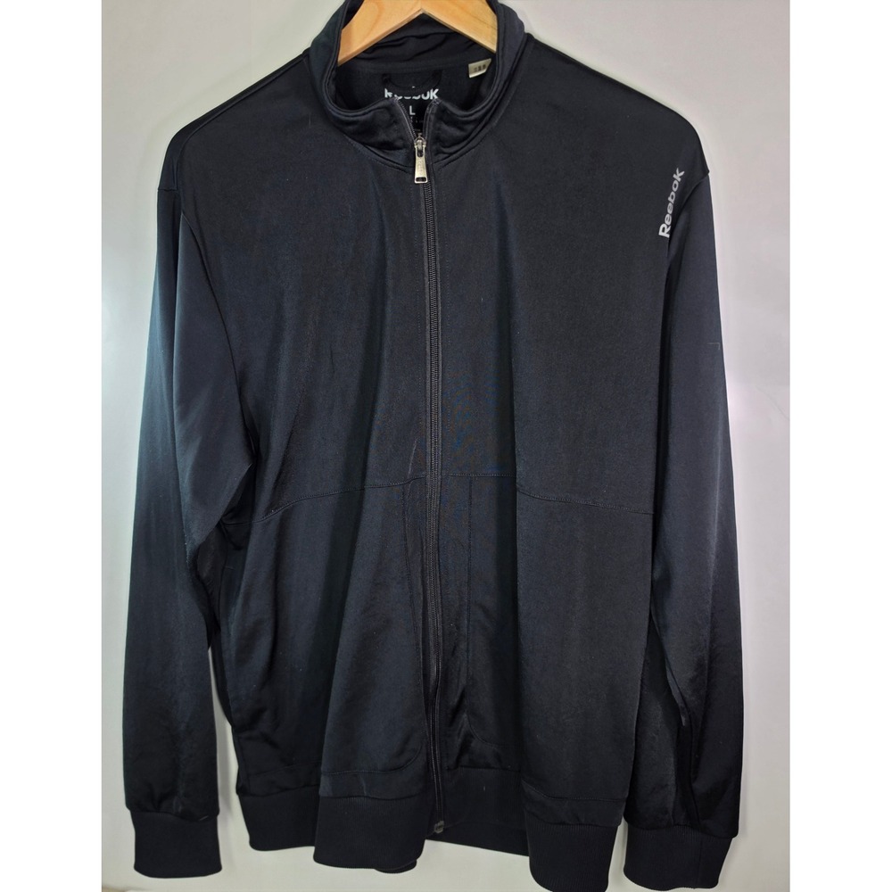 Reebok Mens Large Black Full Zip Track Jacket Mock Neck Logo Polyester Gym